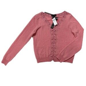House of Harlow 1960 100% Cashmere Embroidered Cardigan Rose Scalloped Trim M